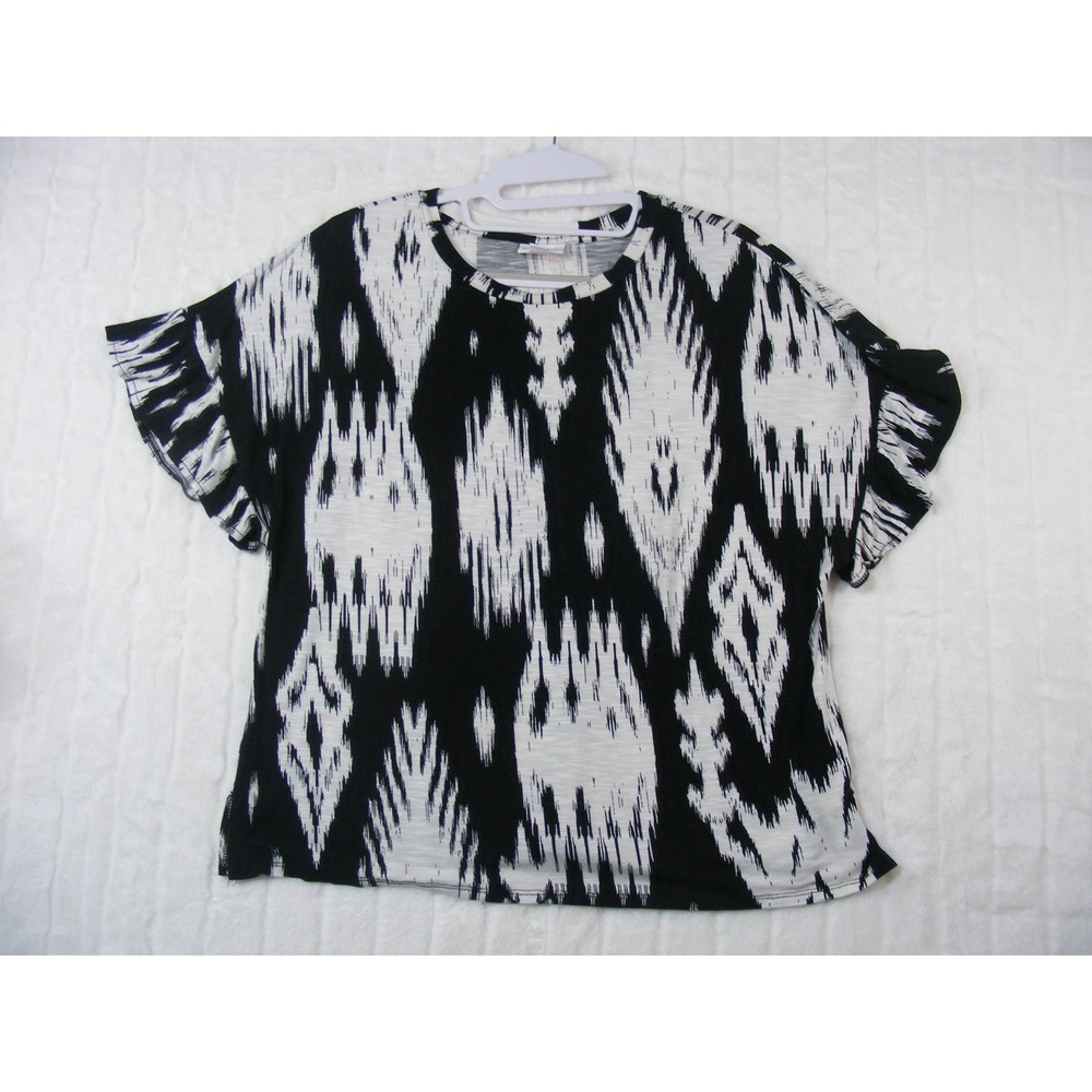 LulaRoe Top Womens Small Black White Ikat Ruffle Short Sleeve Crew Neck